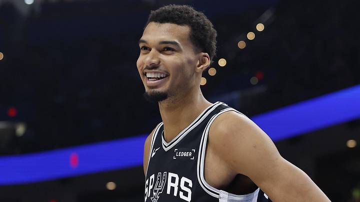 Dec 25, 2025; Oklahoma City, Oklahoma, USA; San Antonio Spurs forward Victor Wembanyama (1) smiles after a play against the Oklahoma City Thunder during the second half at Paycom Center. Mandatory Credit: Alonzo Adams-Imagn Images