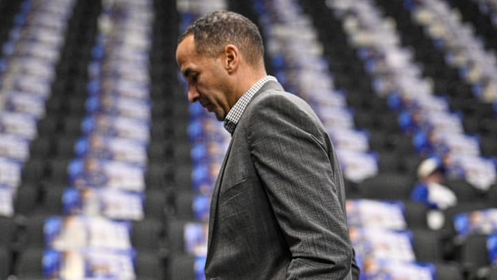 Feb 10, 2025; Dallas, Texas, USA; Dallas Mavericks general manager Nico Harrison walks off the court before the game between the Dallas and the Sacramento Kings at the American Airlines Center. Mandatory Credit: Jerome Miron-Imagn Images