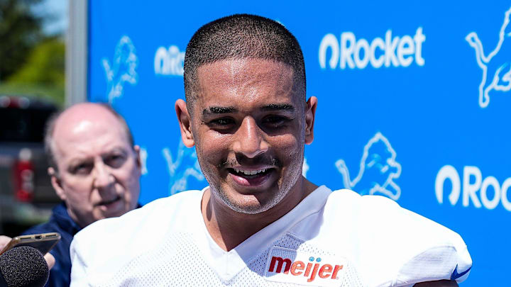 Detroit Lions defensive lineman Ahmed Hassanein (61) speaks after practice during rookie mini camp 