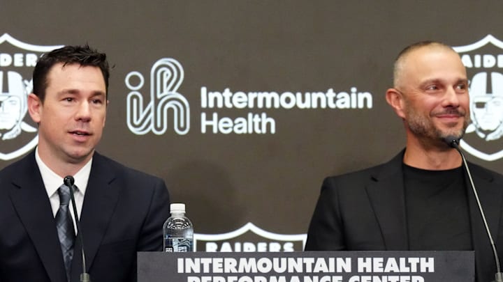 Feb 10, 2026; Henderson, NV, USA; Las Vegas Raiders coach Klint Kubiak (left) and general manager John Spytek at introductory press conference at Intermountain Health Performance Center. Mandatory Credit: Kirby Lee-Imagn Images