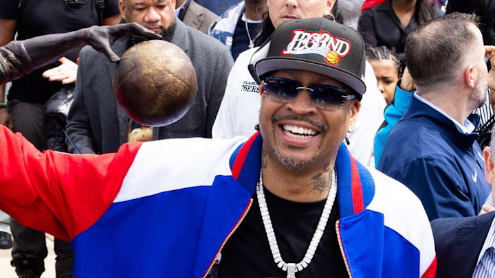 Apr 12, 2024; Camden, NJ, USA; Philadelphia 76ers great Allen Iverson during the unveiling of the statue honoring him in a ceremony at the Philadelphia 76ers Training Complex. Mandatory Credit: Bill Streicher-Imagn Images