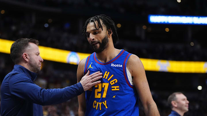 Jan 18, 2026; Denver, Colorado, USA; Denver Nuggets guard Jamal Murray (27) leaves the court in the second half against the Charlotte Hornets at Ball Arena.