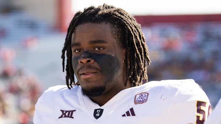Nov 30, 2024; Tucson, Arizona, USA; Arizona State Sun Devils offensive lineman Max Iheanachor (58) against the Arizona Wildcats during the Territorial Cup at Arizona Stadium. Mandatory Credit: Mark J. Rebilas-Imagn Images
