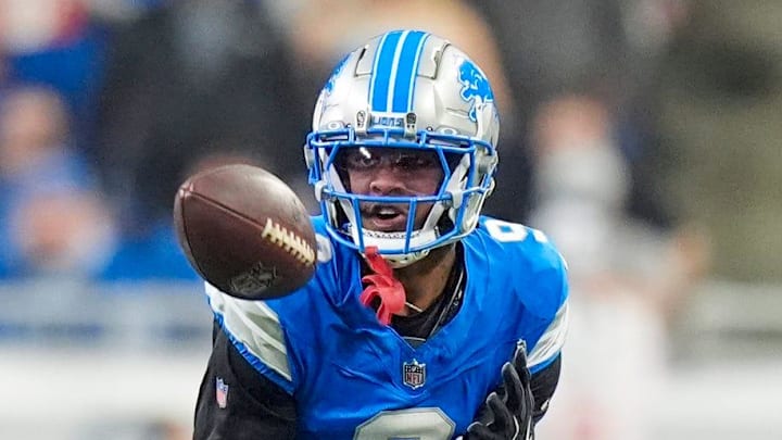 Detroit Lions wide receiver Jameson Williams looks to catch the ball against Washington Commanders cornerback Mike Sainristil in the first quarter in the NFC divisional round at Ford Field in Detroit on Saturday, Jan. 18, 2025.