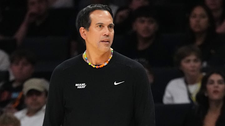 Jan 2, 2025; Miami, Florida, USA;  Miami Heat head coach Erik Spoelstra looks on during the second half against the Indiana Pacers at Kaseya Center. Mandatory Credit: Jim Rassol-Imagn Images