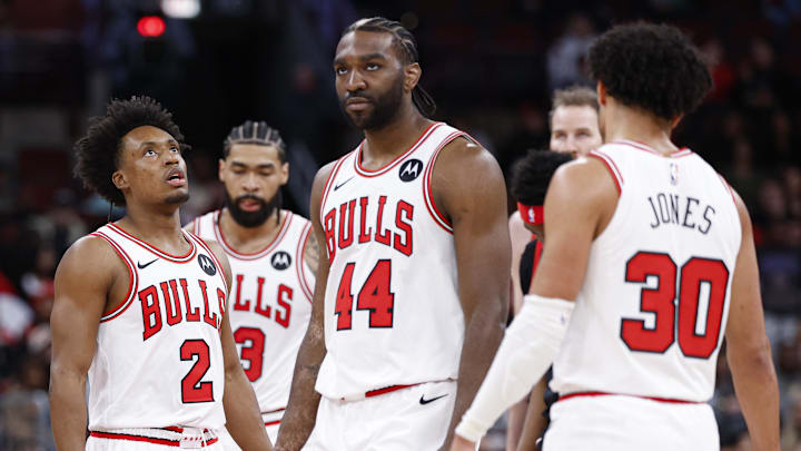 Feb 19, 2026; Chicago, Illinois, USA; Chicago Bulls guard Collin Sexton (2) reacts next to his teammates during the first half at United Center. Mandatory Credit: Kamil Krzaczynski-Imagn Images
