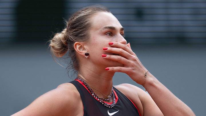 Aryna Sabalenka reacts during her match Aryna Sabalenka reacts during her match