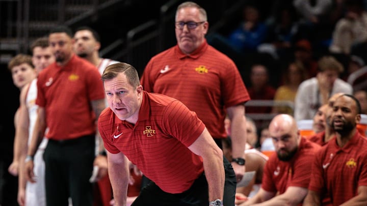 Mar 11, 2026; Kansas City, MO, USA; Iowa State Cyclones coach TJ Otzelberger watches game play during the first half against the Arizona State Sun Devils at T-Mobile Center.