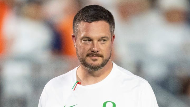Oregon head coach Dan Lanning walks the field during warmups as the Oregon Ducks face the Penn State Nittany Lions on Sept. 27, 2025, at Beaver Stadium in University Park, Pennsylvania.