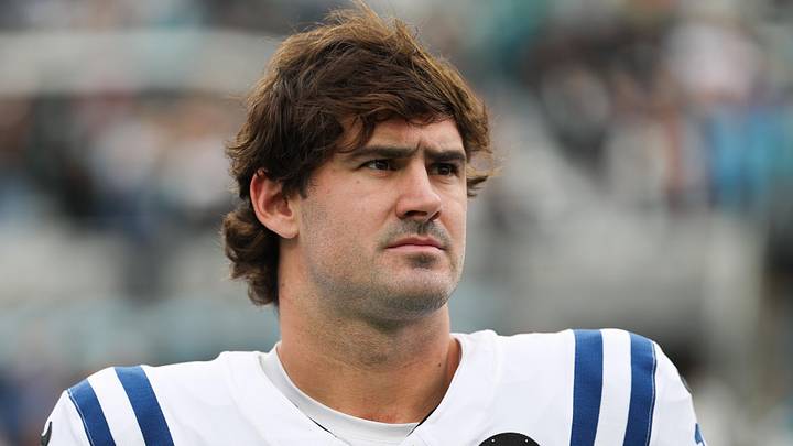 Indianapolis Colts quarterback Daniel Jones (17) stands on the field