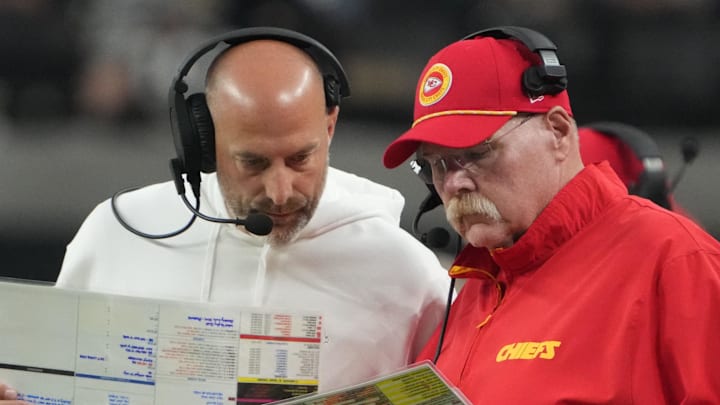 Oct 27, 2024; Paradise, Nevada, USA; Kansas City Chiefs offensive coordinator Matt Nagy (left) and coach Andy Reid react against the Las Vegas Raiders in the second half at Allegiant Stadium. Mandatory Credit: Kirby Lee-Imagn Images Oct 27, 2024; Paradise, Nevada, USA; Kansas City Chiefs offensive coordinator Matt Nagy (left) and coach Andy Reid react against the Las Vegas Raiders in the second half at Allegiant Stadium. Mandatory Credit: Kirby Lee-Imagn Images