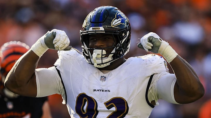 Oct 6, 2024; Cincinnati, Ohio, USA; Baltimore Ravens defensive tackle Nnamdi Madubuike (92) reacts after sacking Cincinnati Bengals quarterback Joe Burrow (not pictured) in the second half at Paycor Stadium. Mandatory Credit: Katie Stratman-Imagn Images