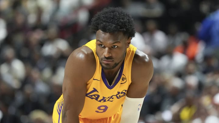 Jul 10, 2025; Las Vegas, NV, USA; Los Angeles Lakers guard Bronny James (9) prepares for the start of the second quarter against the Dallas Mavericks at Thomas & Mack Center. Mandatory Credit: Candice Ward-Imagn Images