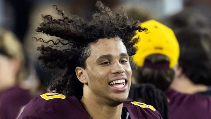 Nov 28, 2025; Tempe, Arizona, USA; Arizona State Sun Devils wide receiver Jordyn Tyson (0) against the Arizona Wildcats during the 99th Territorial Cup at Mountain America Stadium. Mandatory Credit: Mark J. Rebilas-Imagn Images