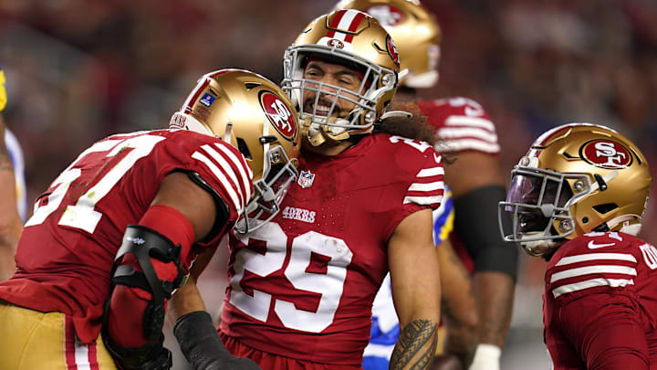 Dec 12, 2024; Santa Clara, California, USA; San Francisco 49ers linebacker Dre Greenlaw (57) is congratulated by safety Talanoa Hufanga (29) after making a tackle against the Los Angeles Rams in the first quarter at Levi's Stadium. Dec 12, 2024; Santa Clara, California, USA; San Francisco 49ers linebacker Dre Greenlaw (57) is congratulated by safety Talanoa Hufanga (29) after making a tackle against the Los Angeles Rams in the first quarter at Levi's Stadium.