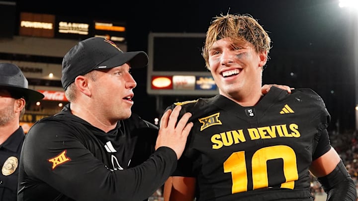 Sep 26, 2025; Tempe, Arizona, USA; Arizona State Sun Devils quarterback Sam Leavitt (10) celebrates with head coach Kenny Dillingham after win against TCU Horned Frogs at Mountain America Stadium, Home of the ASU Sun Devils. Mandatory Credit: Jacob Reiner-Imagn Images