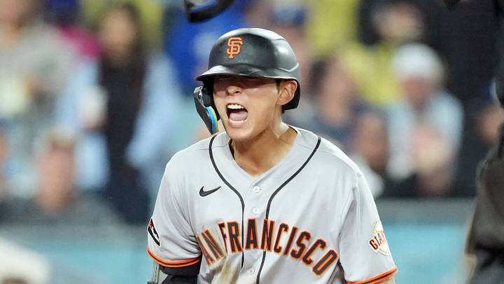 Los Angeles, California, USA; San Francisco Giants right fielder Jung Hoo Lee (51) celebrates after hitting a two run home run against the Los Angeles Dodgers in the fifth inning at Dodger Stadium. Mandatory Credit: Kirby Lee-Imagn Images
