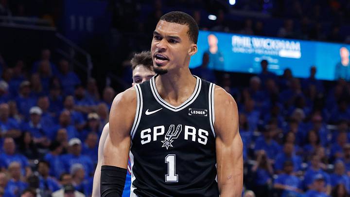 May 18, 2026; Oklahoma City, Oklahoma, USA; San Antonio Spurs center Victor Wembanyama (1) reacts after a dunk in the second quarter against the Oklahoma City Thunder during game one of the western conference finals for the 2026 NBA playoffs at Paycom Center. Mandatory Credit: Alonzo Adams-Imagn Images