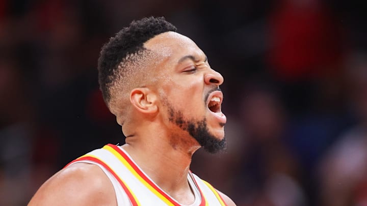 Atlanta Hawks guard CJ McCollum (3) reacts after a basket against the New York Knicks in the second quarter during game three of the first round of the 2026 NBA Playoffs at State Farm Arena on Apr 23, 2026.