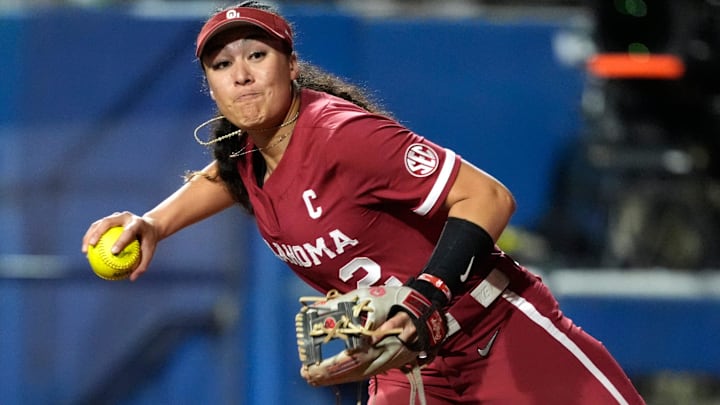 Oklahoma's Nelly McEnroe-Marinas (2) throws to first for an out in the fifth inning of a college Bedlam softball game between the University of Oklahoma Sooners (OU) and the Oklahoma State University Cowgirls (OSU) at Devon Park in Oklahoma City, Wednesday, April 9, 2025.