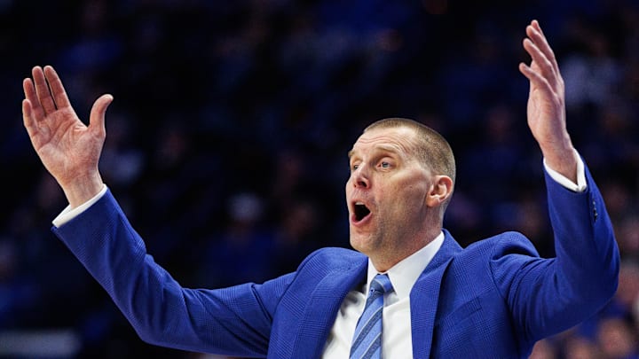 Jan 24, 2026; Lexington, Kentucky, USA; Kentucky Wildcats head coach Mark Pope reacts to the action on the court during the second half against the Mississippi Rebels at Rupp Arena at Central Bank Center. Mandatory Credit: Jordan Prather-Imagn Images