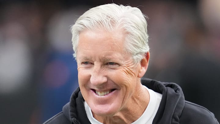 Dec 7, 2025; Paradise, Nevada, USA;  Las Vegas Raiders head coach Pete Carroll on the field prior to a game against the Denver Broncos at Allegiant Stadium. Mandatory Credit: Stephen R. Sylvanie-Imagn Images