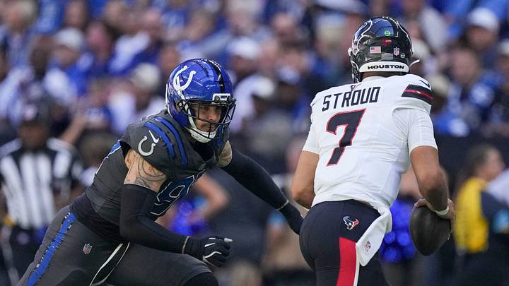Indianapolis Colts defensive end Laiatu Latu (97) chases down Houston Texans quarterback C.J. Stroud (7) on Sunday, Sept. 27, 2026, during a game against the Houston Texans at Lucas Oil Stadium in Indianapolis.