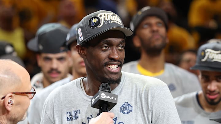 May 31, 2025; Indianapolis, Indiana, USA; Indiana Pacers forward Pascal Siakam (43) is interviewed by Ernie Johnson after receiving the Larry Bird MVP Trophy  game six of the eastern conference finals against the New York Knicks for the 2025 NBA Playoffs at Gainbridge Fieldhouse. Mandatory Credit: Trevor Ruszkowski-Imagn Images
