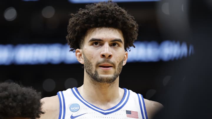 Mar 29, 2026; Washington, DC, USA; Duke Blue Devils forward Cameron Boozer (12) waits for the ball to be thrown into play as UConn Huskies forward Jaylin Stewart (3) defends in the first half during an Elite Eight game of the East Regional of the men's 2026 NCAA Tournament at Capital One Arena. Mandatory Credit: Amber Searls-Imagn Images