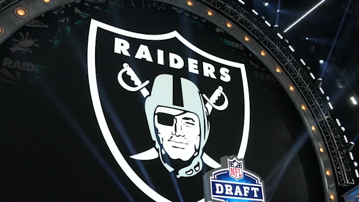 Apr 25, 2024; Detroit, MI, USA; A Las Vegas Raiders logo at the 2024 NFL Draft at Campus Martius Park and Hart Plaza. Mandatory Credit: Kirby Lee-Imagn Images