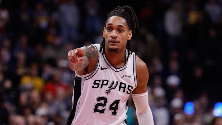 Nov 28, 2025; Denver, Colorado, USA; San Antonio Spurs guard Devin Vassell (24) gestures in the fourth quarter against the Denver Nuggets at Ball Arena. Mandatory Credit: Isaiah J. Downing-Imagn Images Nov 28, 2025; Denver, Colorado, USA; San Antonio Spurs guard Devin Vassell (24) gestures in the fourth quarter against the Denver Nuggets at Ball Arena. Mandatory Credit: Isaiah J. Downing-Imagn Images