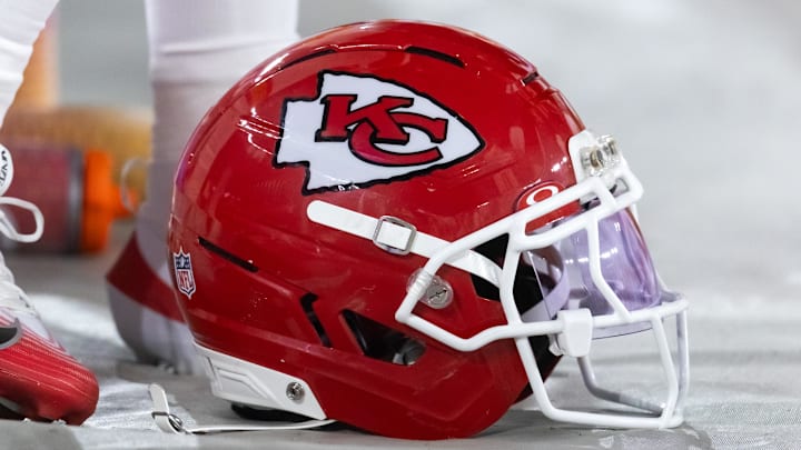 Aug 9, 2025; Glendale, Arizona, USA; Detailed view of a Kansas City Chiefs helmet during a preseason NFL game at State Farm Stadium. Mandatory Credit: Mark J. Rebilas-Imagn Images