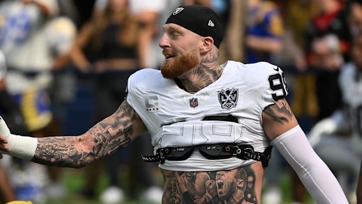 Oct 20, 2024; Inglewood, California, USA; Las Vegas Raiders defensive end Maxx Crosby (98) before an NFL game against the Los Angeles Rams at SoFi Stadium. Mandatory Credit: Robert Hanashiro-Imagn Images