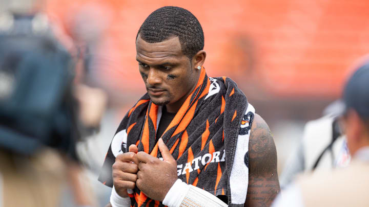 Sep 22, 2024; Cleveland, Ohio, USA; Cleveland Browns quarterback Deshaun Watson (4) after the game against the New York Giants at Huntington Bank Field. Mandatory Credit: Scott Galvin-Imagn Images