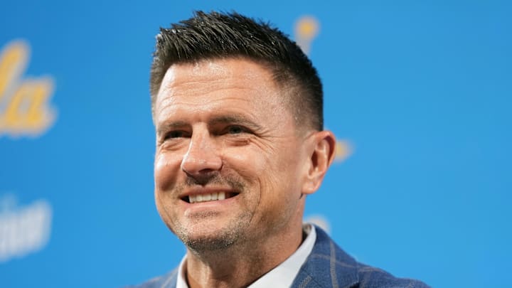 Dec 9, 2025; Los Angeles, CA, USA; Bob Chesney is introduced as UCLA Bruins football coach at press conference at Renee Luskin Conference Center Centennial Ballroom. Mandatory Credit: Kirby Lee-Imagn Images
