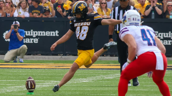 Sep 6, 2025; Columbia, Missouri, USA; Missouri Tigers kicker Oliver Robbins kicks off in the Border War against the Kansas Jayhawks at Faurot Field at Memorial Stadium Sep 6, 2025; Columbia, Missouri, USA; Missouri Tigers kicker Oliver Robbins kicks off in the Border War against the Kansas Jayhawks at Faurot Field at Memorial Stadium