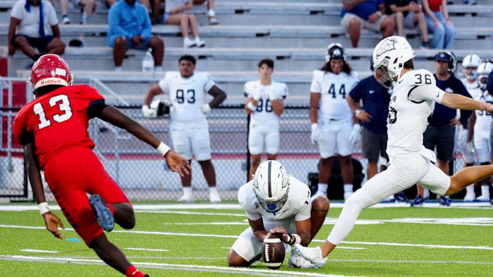 Bosco's kicker CJ Wallace (#36). The Manatee Hurricanes hosted St. John Bosco (California) with a 31-0 lead over Manatee at halftime. After a long lightning delay the rest of the game was canceled at Joe Kinnan Field at Hawkins Stadium on Friday August 22, 2025, in Bradenton, Florida.