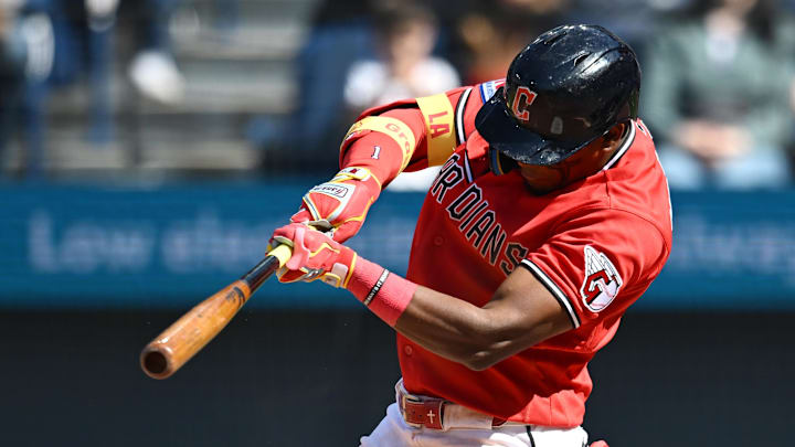 Apr 8, 2026; Cleveland, Ohio, USA; Cleveland Guardians left fielder Angel Martinez (1) hits a grand slam during the eighth inning against the Kansas City Royals at Progressive Field. Mandatory Credit: Ken Blaze-Imagn Images