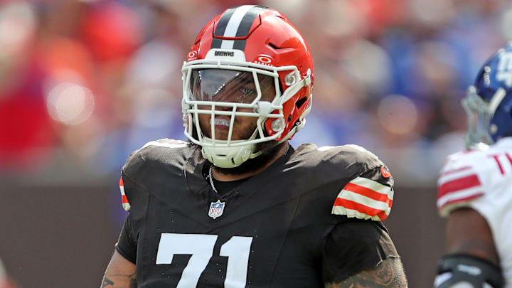Cleveland Browns offensive tackle Jedrick Wills Jr. (71) heads back to the huddle after a play during the first half of an NFL football game against the New York Giants at Huntington Bank Field, Sunday, Sept. 22, 2024, in Cleveland, Ohio.