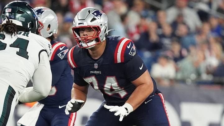 Aug 22, 2026; Foxborough, Massachusetts, USA; New England Patriots offensive tackle Caleb Lomu (74) blocks Philadelphia Eagles defensive tackle David Blay Jr. (64) during the second half at Gillette Stadium. Mandatory Credit: Gregory Fisher-Imagn Images