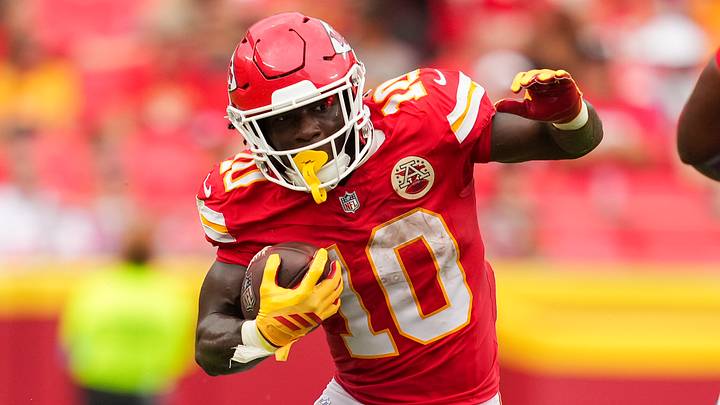 Aug 15, 2026; Kansas City, Missouri, USA; Kansas City Chiefs running back Emmett Johnson (10) runs the ball during the second half against the Los Angeles Rams at Arrowhead Stadium. Mandatory Credit: Jay Biggerstaff-Imagn Images
