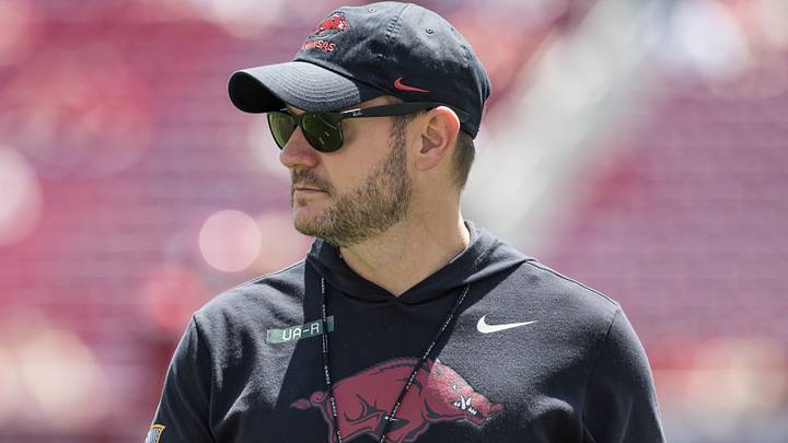 Arkansas Razorbacks coach Ryan Silverfield looks over his players during warmups before the spring game at Razorback Stadium. Arkansas Razorbacks coach Ryan Silverfield looks over his players during warmups before the spring game at Razorback Stadium.