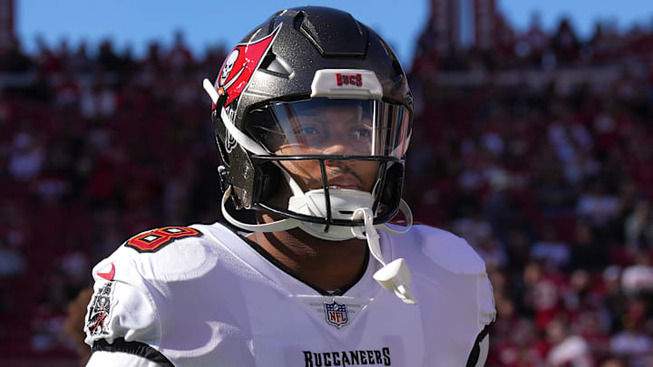 Nov 19, 2023; Santa Clara, California, USA; Tampa Bay Buccaneers linebacker SirVocea Dennis (8) before the game against the San Francisco 49ers at Levi's Stadium. Mandatory Credit: Darren Yamashita-Imagn Images