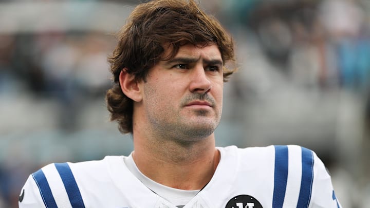 Dec 7, 2025; Jacksonville, Florida, USA; Indianapolis Colts quarterback Daniel Jones (17) stands on the field prior to a game against the Jacksonville Jaguars at EverBank Stadium. Mandatory Credit: Matt Pendleton-Imagn Images