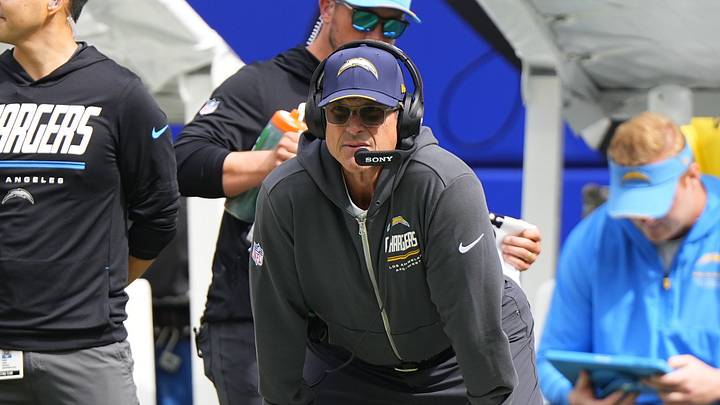 Sep 27, 2026; Orchard Park, New York, USA;  Los Angeles Chargers head coach Jim Harbaugh looks on from the sideline in the first half against the Buffalo Bills at New Highmark Stadium.  Mandatory Credit: Gregory Fisher-Imagn Images