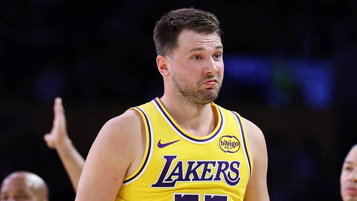 LOS ANGELES, CALIFORNIA - FEBRUARY 20: Luka Doncic #77 of the Los Angeles Lakers reacts after scoring. (Photo by Luiza Moraes/Getty Images)