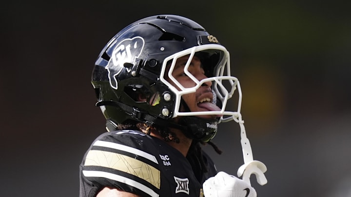Oct 11, 2025; Boulder, Colorado, USA; Colorado Buffaloes defensive back Tawfiq Byard (7) celebrates his interception in the fourth quarter against the Iowa State Cyclones at Folsom Field.