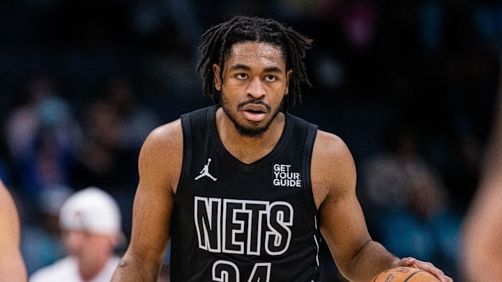 Mar 8, 2025; Charlotte, North Carolina, USA; Brooklyn Nets guard Cam Thomas (24) brings the ball up court against the Charlotte Hornets during the first quarter at Spectrum Center. Mandatory Credit: Scott Kinser-Imagn Images