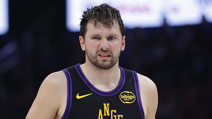 Apr 2, 2026; Oklahoma City, Oklahoma, USA; Los Angeles Lakers guard Luka Doncic (77) reacts after a play against the Oklahoma City Thunder during the second half at Paycom Center. Mandatory Credit: Alonzo Adams-Imagn Images