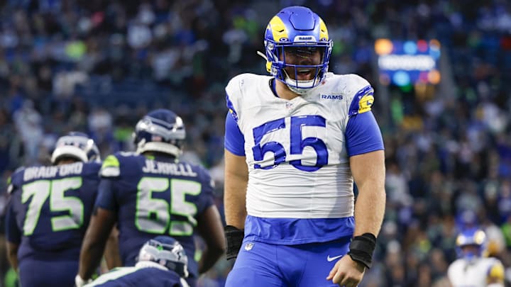 Nov 3, 2024; Seattle, Washington, USA; Los Angeles Rams defensive tackle Braden Fiske (55) celebrates a sack against the Seattle Seahawks during the fourth quarter at Lumen Field. Mandatory Credit: Joe Nicholson-Imagn Images